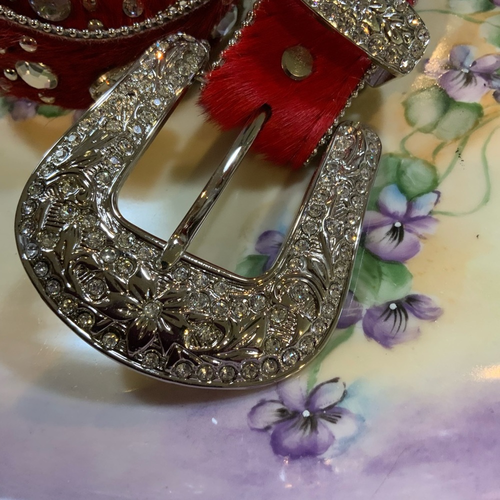 Atlas Belt Red Faux Fur Rhinestones and Studs Silver Tone #N1 - Picture 2 of 8